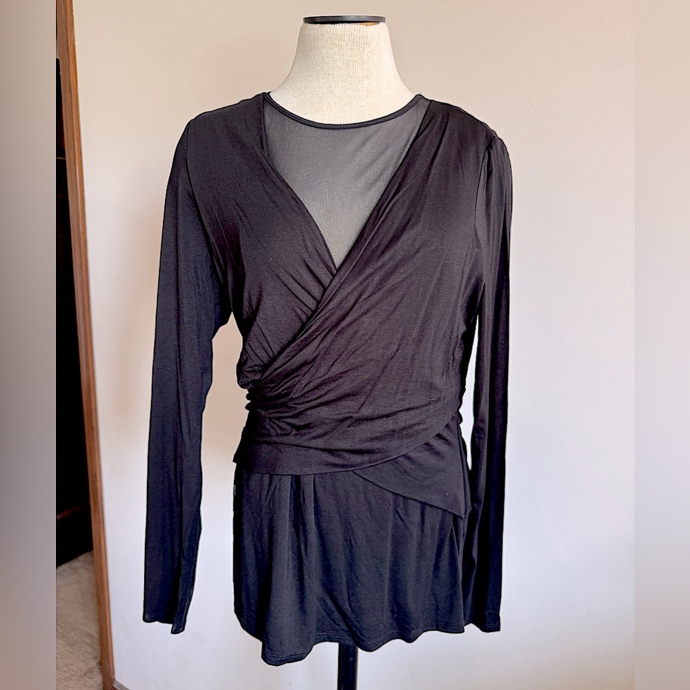 BOSTON PROPER Black Crossover Blouse Long Sleeve Top Sheer Mesh Large NWOT